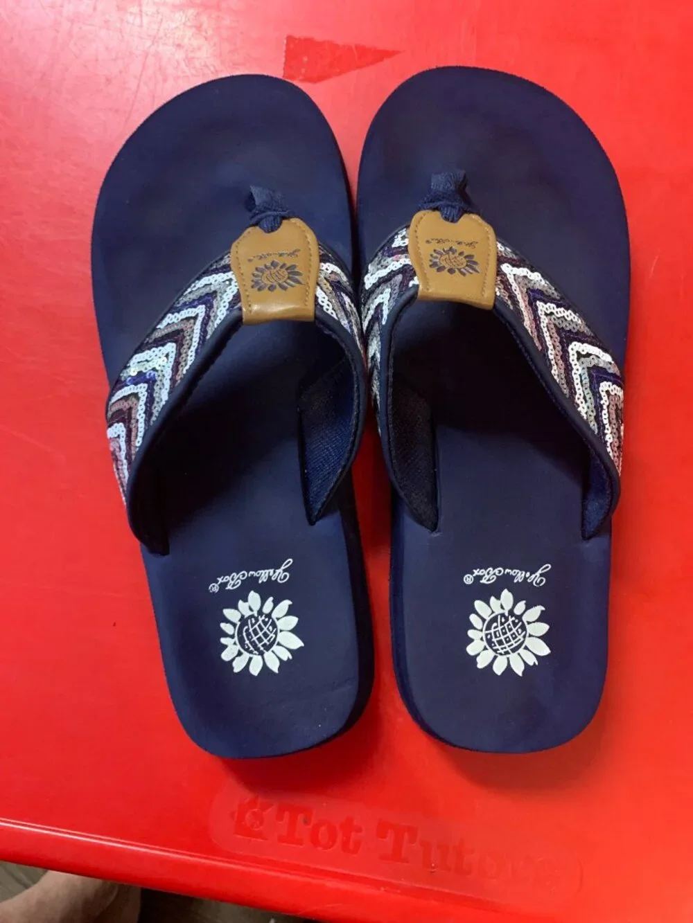 Women's Size 7 Navy Yellow Box Flip Flops - Picture 2 of 4